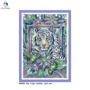Tigras motina ir sūnus skaičiuojami atspausdinta drobė kryželiu rinkiniais, siuvinėjimo rinkinių 