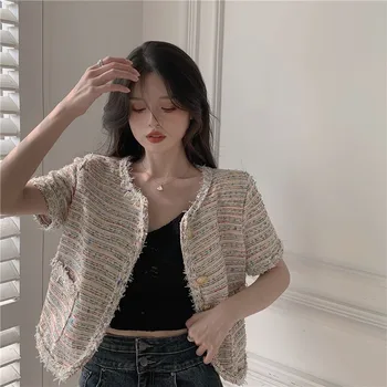 Tvido Vasaros Trumpomis Rankovėmis Moterims Kailis 2021 Naujas Elegantiškas Priežastinis Megztinis Švarkas Korėjos Vieną Krūtinėmis Outwear