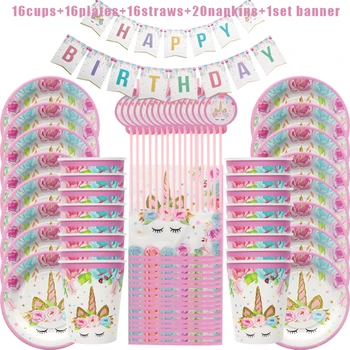 Vaivorykštė vienaragis gimtadienio deco popierius, vienkartiniai indai, nustatyti kūdikių dušas vaikai mergaitišką rožinės spalvos vienaragis gimtadienio prekes