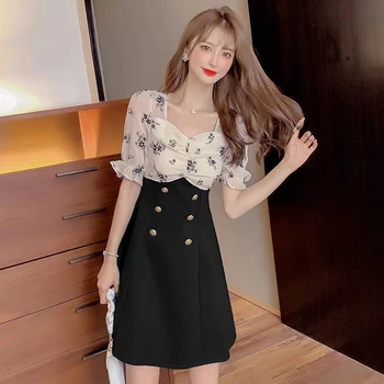 Vasaros Aikštėje Apykaklės Šifono Gėlių Moterų Suknelė Korėjos Stiliaus Saldus Office Mygtukai Midi Suknelė Elegantiškas Aukšto Juosmens Streetwear Suknelė