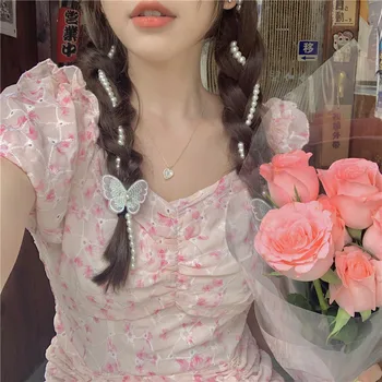 Vasaros korėjos stiliaus v-neck slim sluoksniuotos rankovėmis plisuotos gėlių suknelė moterims