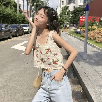 Vasaros Megzti Tankai Moterų Mielas Gėlių Siuvinėjimas Aikštėje Apykaklės Camisole Prarasti Streetwear Korėjos Retro Stiliaus Pasėlių Ponios Viršūnės