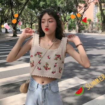 Vasaros Megzti Tankai Moterų Mielas Gėlių Siuvinėjimas Aikštėje Apykaklės Camisole Prarasti Streetwear Korėjos Retro Stiliaus Pasėlių Ponios Viršūnės