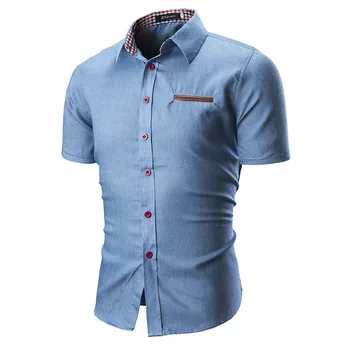 Vasaros nauji aukštos kokybės vyriškų marškinių kišenių ir odos atsitiktinis mados atvartas trumparankoviai patogus džinsinis vyriška palaidinė