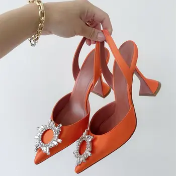 Vasaros sexy lady madingų moterų batai oranžinės spalvos satino masės kristalų point kojų stiletto striptizo kulniukai siurbliai