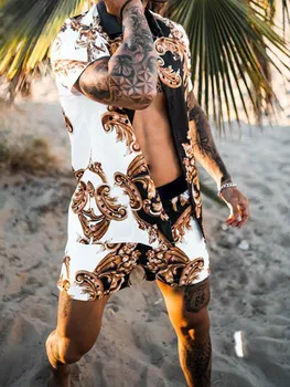 Vasaros Vyrų Spausdinti Havajai Atsitiktinis Marškinėliai Kostiumas 2021 Prekės Streetwear Vyrų Drabužiai Cardigan High-End Trumpas Rankovės Marškinėliai Suknelė