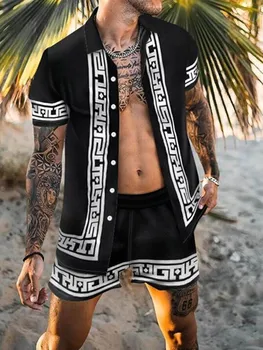 Vasaros Vyrų Spausdinti Havajai Atsitiktinis Marškinėliai Kostiumas 2021 Prekės Streetwear Vyrų Drabužiai Cardigan High-End Trumpas Rankovės Marškinėliai Suknelė