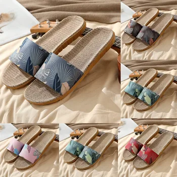 Vasarą Moterys Lininės Šlepetės Namų Dezodorantas Paplūdimio Lapų Tipas Spausdinti Lininės Šlepetės SIKETU Batai #40