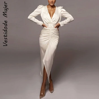 Vestidode Mujer Satino Giliai V-kaklo Suknelė Moterims Balta Plona Long Sleeve Ruched Dress Moterų Pavasario Elegantiškas Vakaras Partywear Vasaros