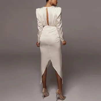 Vestidode Mujer Satino Giliai V-kaklo Suknelė Moterims Balta Plona Long Sleeve Ruched Dress Moterų Pavasario Elegantiškas Vakaras Partywear Vasaros
