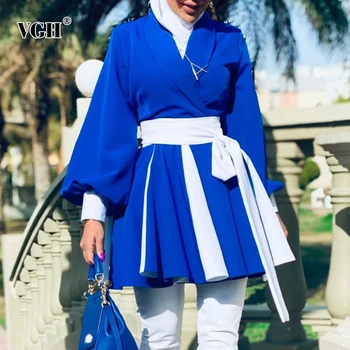 VGH Atsitiktinis Mėlynos spalvos Nėrinių Bowknot Tranšėjos Moterų V-Kaklo, ilgomis Rankovėmis Nukentėjo Spalvos Tunika korėjos Paltai Moterims 2021 Pavasario Mados Nauja