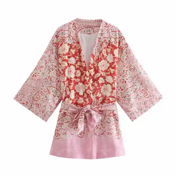 VUWWYV Za 2021 Kimono Moterų Rožinė Spausdinti Moteris Palaidinės Plačiomis Rankovėmis Derliaus Vasarą Viršų Moteriška Elegantiškas Palaidinės Moterų Paplūdimio Kimonos