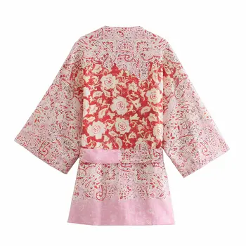 VUWWYV Za 2021 Kimono Moterų Rožinė Spausdinti Moteris Palaidinės Plačiomis Rankovėmis Derliaus Vasarą Viršų Moteriška Elegantiškas Palaidinės Moterų Paplūdimio Kimonos