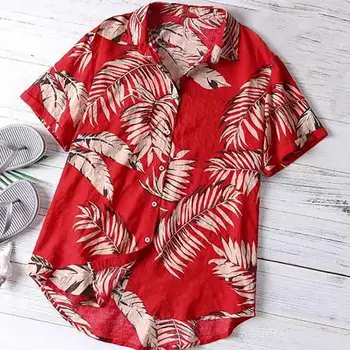 Vyriški Havajų Marškinėliai Vasaros Gėlių Atvartas Lapų Spausdinimo Beach Trumpas Rankovės Sagos Viršūnes Atsitiktinis Marškinėliai Atostogų Marškinėliai Topai Mados