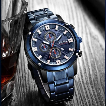 Vyriški Laikrodžiai Kvarco 30M atsparus Vandeniui Laikrodis Auto Data Nerūdijančio Plieno Atveju Watchband Laikrodžius 9153 Mėlyna Laikmatis Apyrankę Žiūrėti