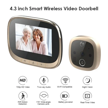 W2 4.3 colių IPS LCD Skaitmeninis WIFI Kamera Doorbell 170 Laipsnių Kampas Infraraudonųjų spindulių Naktinio Matymo 720P Akių Akutė Viewer Žiedas