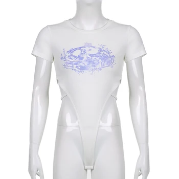 Waatfaak O-Kaklo Balta Briaunoti Bodysuit Liesas marškinėliai trumpomis Rankovėmis, Tuščiaviduriai Iš Sexy Aukšto Juosmens Bodysuits 2021 M. Vasarą Moteris Spausdinti