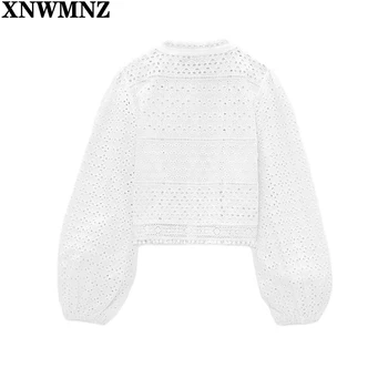 XNWMNZ moterų marškinėliai su cutwork siuvinėjimo moteris apvalios apykaklės ilgai sleeveselastic Palaidinės rankogaliai moteriški drabužiai 2021 Balta