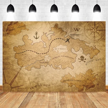 Yeele Derliaus Žemėlapis, Kompasas Piratų Laivo Fone Lobis Kaubojus Berniuko Gimtadienis Fone Vinilo Fotografija, Fotostudija