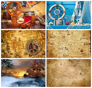 Yeele Derliaus Žemėlapis, Kompasas Piratų Laivo Fone Lobis Kaubojus Berniuko Gimtadienis Fone Vinilo Fotografija, Fotostudija
