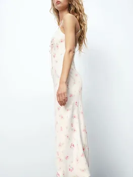 ZA vasaros naują stilių moterų saldus temperamentas sexy diržas gėlių spausdinti šilko satino tekstūros suknelė