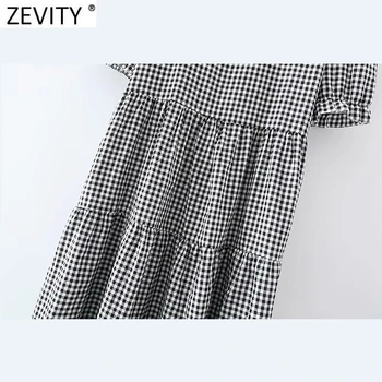 Zevity 2021 Naujas Moterų Derliaus, O Kaklo Sluoksniuotos Rankovėmis Pledas Spausdinti Klostes Midi Suknelė Moterų Atsitiktinis Chic Raukiniai Linijos, Vestidos DS8312