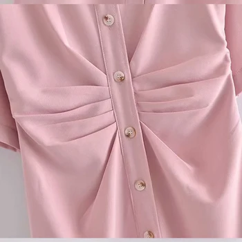 ZREDARA 2021 moterų vasaros nauji trumparankoviai vientisos spalvos atvartas kartus juosmens single-breasted vidutinio ilgio suknelė