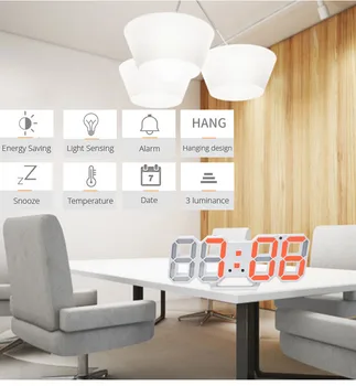Šiaurės 3D stereo laikrodis, atidėjimo funkcija, ekranas smart žadintuvas, termometras office laikrodis, gyvenamasis kambarys skaitmeninis LED sieninis laikrodis