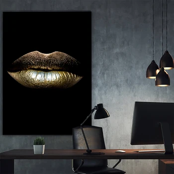 Šiaurės Sexy Juoda Moterų Gold Lūpų Drobės Paveikslai Makiažas Merginų Plakatų Ir Grafikos Sienos Menas Nuotraukas, Namų Dekoro