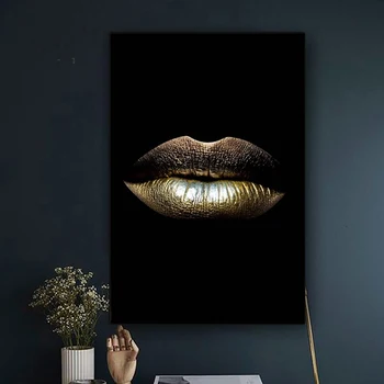 Šiaurės Sexy Juoda Moterų Gold Lūpų Drobės Paveikslai Makiažas Merginų Plakatų Ir Grafikos Sienos Menas Nuotraukas, Namų Dekoro