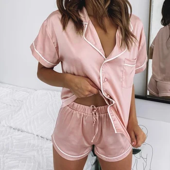 Šilko Pižama Moterų Namų Kostiumas Širdies Išsiuvinėti Pižamos Pj Rinkinys Satin naktiniai drabužiai Sleepwear 2021 Pijama Verano Mujer