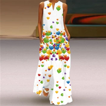 Širdies Spausdinti Derliaus Balta Suknelė 2021 Šalis V Kaklo Vasaros Sundresses Elegantiškas 3D Suknelės Moterims Atsitiktinis Paplūdimio Maxi Suknelės Moterims