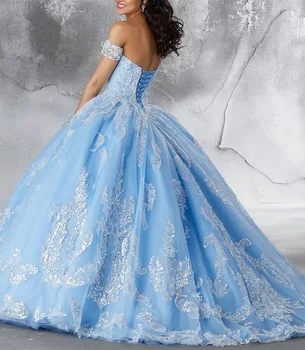 Šviesiai Mėlyna Stebėjimo Quinceanera Suknelės 2021 Off Peties Brangioji Appliques Blizgančiais Princesė Šalis Saldus 15 Kamuolys Suknelė