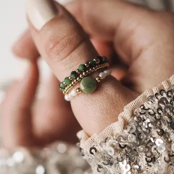 Žalias Natūralaus Akmens Gėlavandenių Perlų Žiedai Moterims Bohemijos Mados Nerūdijančio Plieno Granulės Žiedai Elastinga Virvė Kolonėlė