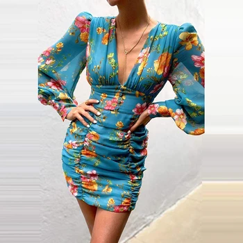 Žibinto Rankovės Mados Streetwear Suknelė Atsitiktinis Seksualus V-Kaklo, Plisuotos Bodycon Mini Suknelės 2021 M. Pavasario Vasaros Elegantiškas Plonas Vestidos